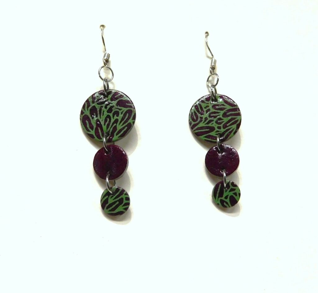 Boucles d'oreille en carton - Grappe - Bordeaux et Vert Feuilles - Argent 925