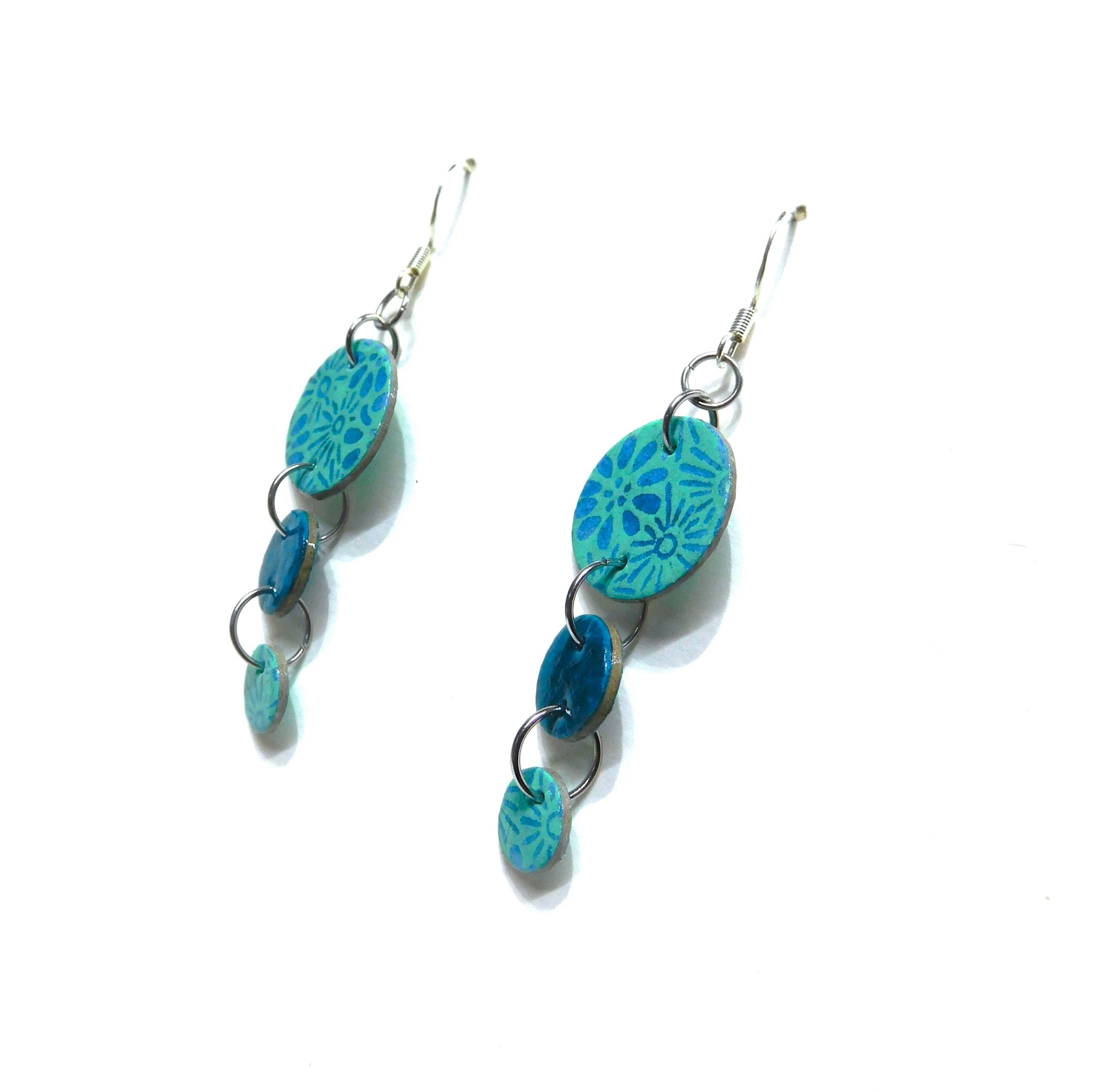Boucles d'oreille en carton - Grappe - Fleurs Bleu-Turquoise - Argent 925
