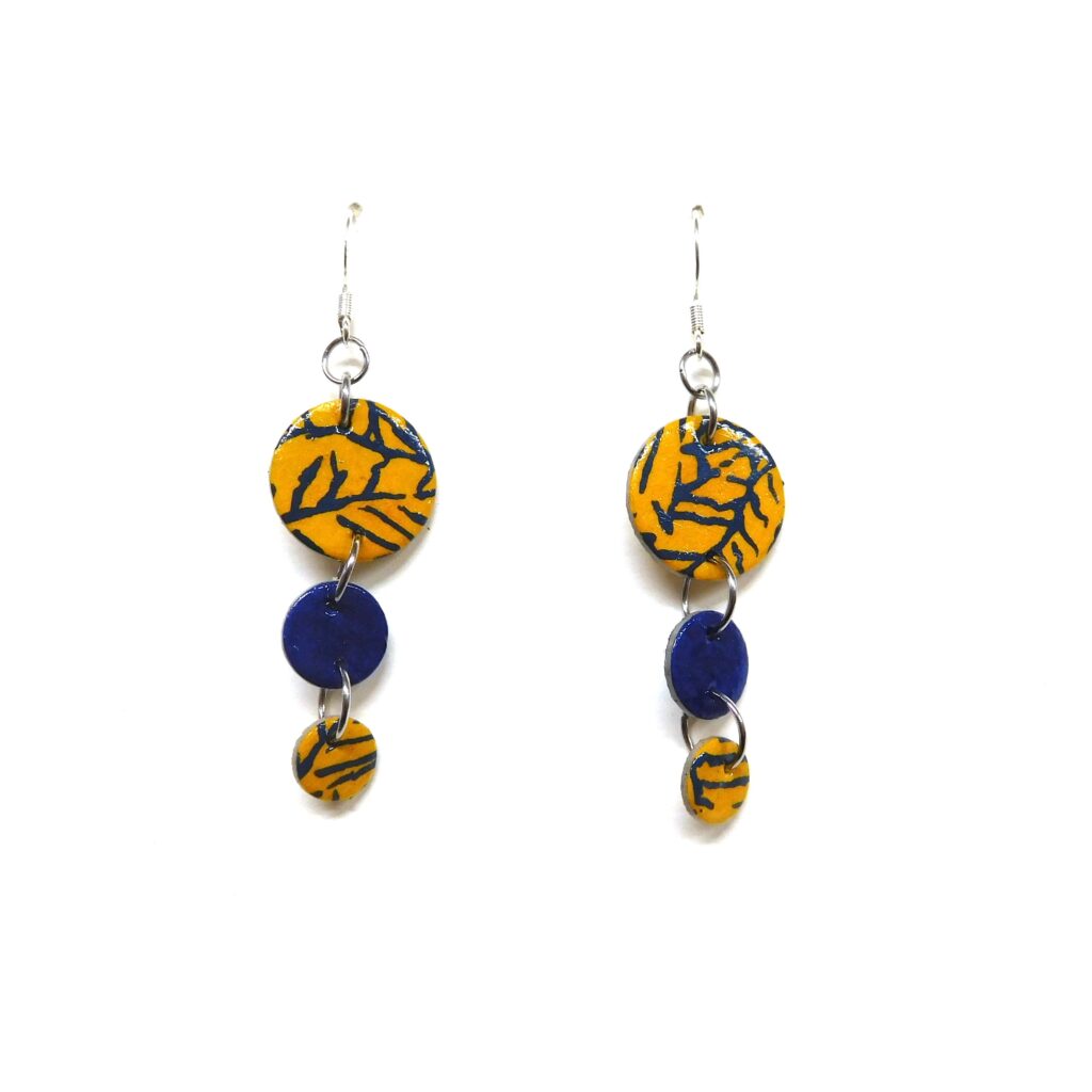 Boucles d'oreille en carton - Grappe - Jaune Bleu Feuilles - Argent 925