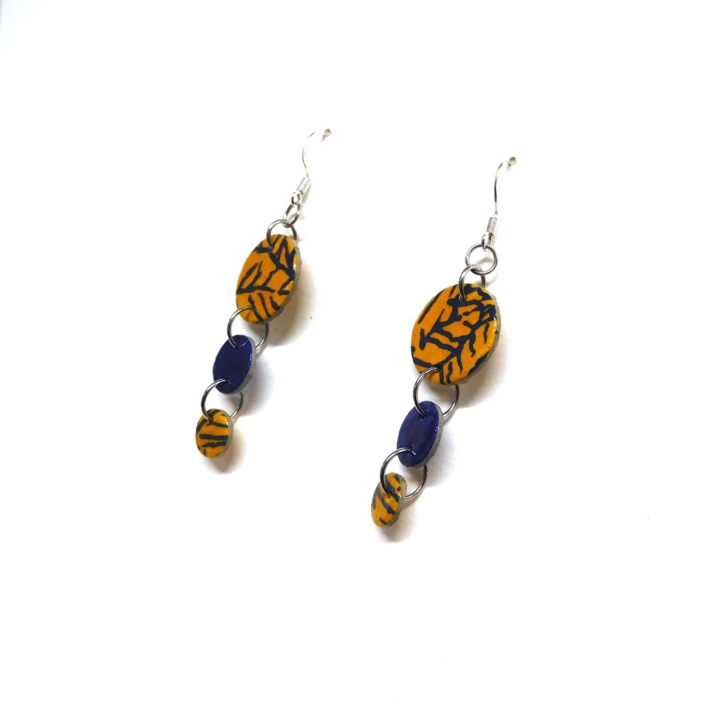 Boucles d'oreille en carton - Grappe - Jaune Bleu Feuilles - Argent 925