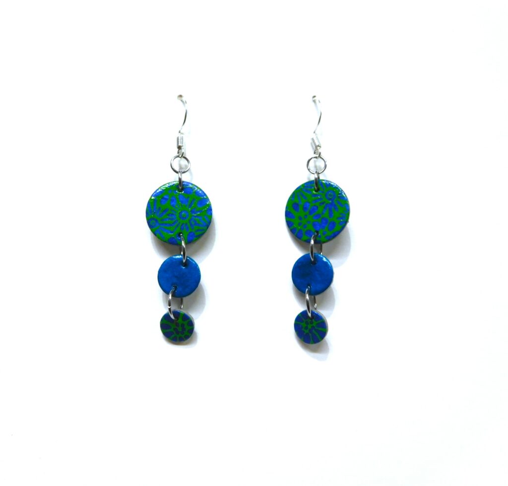 Boucles d'oreille en carton - Grappe - Fleurs Bleues Vert- Argent 925