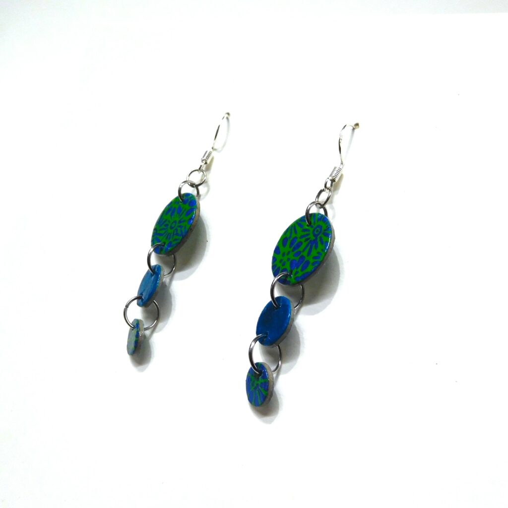 Boucles d'oreille en carton - Grappe - Fleurs Bleues Vert- Argent 925