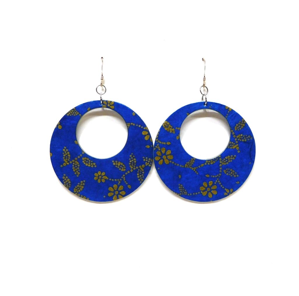 Boucles d'oreille en carton - Grandes Créoles - Bleu Fleurs Or - Argent 925