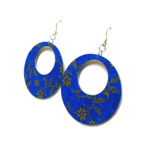 Boucles d'oreille en carton - Grandes Créoles - Bleu Fleurs Or - Argent 925 – Image 3