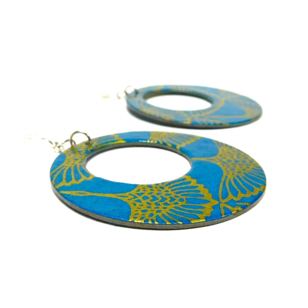Boucles d'oreille en carton - Grandes Créoles - Or Oiseaux Bleu Turquoise - Argent 925