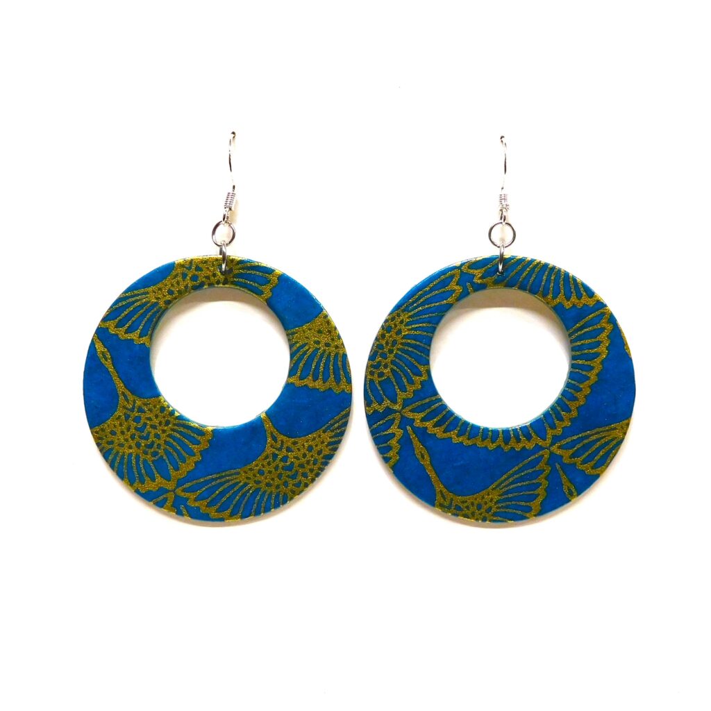 Boucles d'oreille en carton - Grandes Créoles - Or Oiseaux Bleu Turquoise - Argent 925
