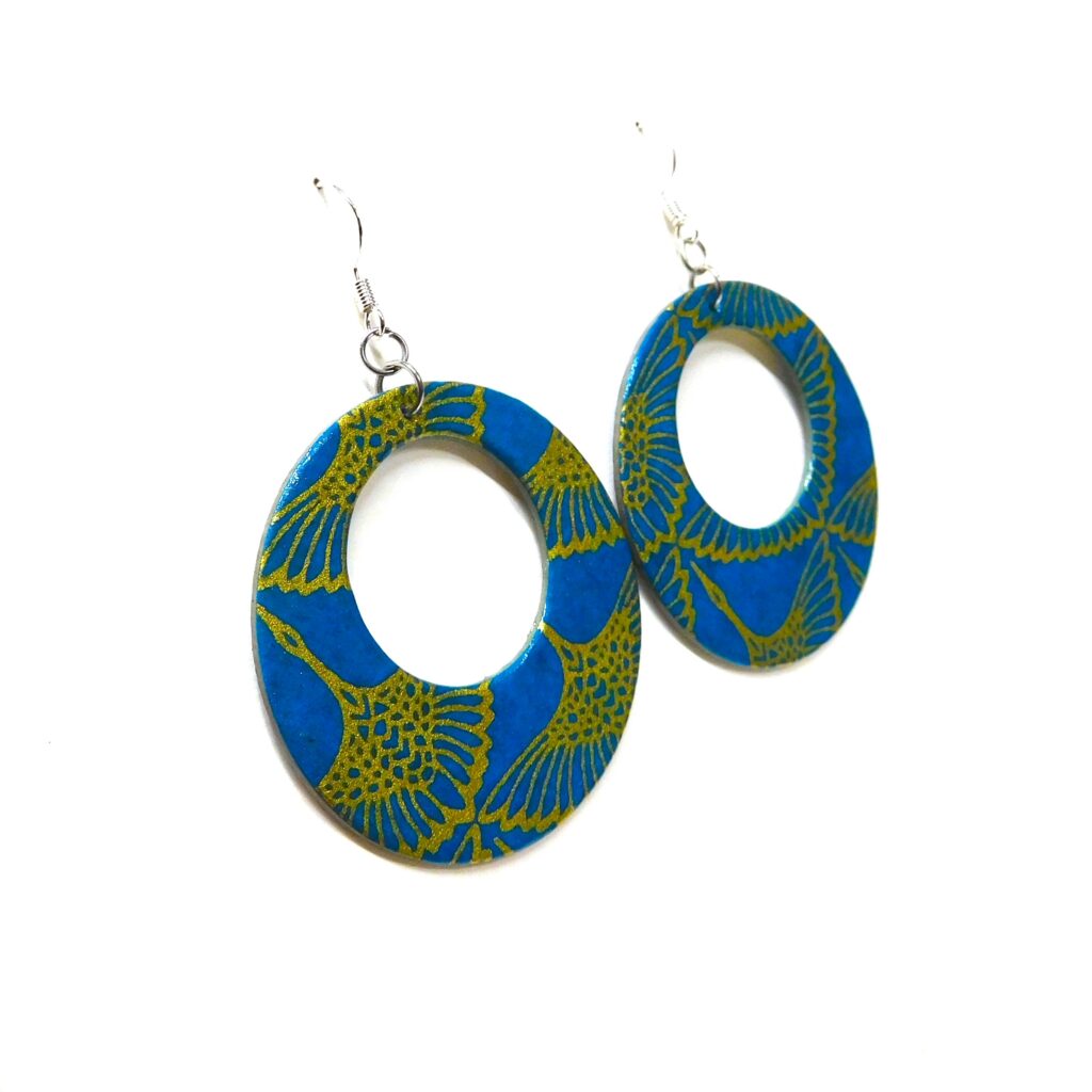 Boucles d'oreille en carton - Grandes Créoles - Or Oiseaux Bleu Turquoise - Argent 925