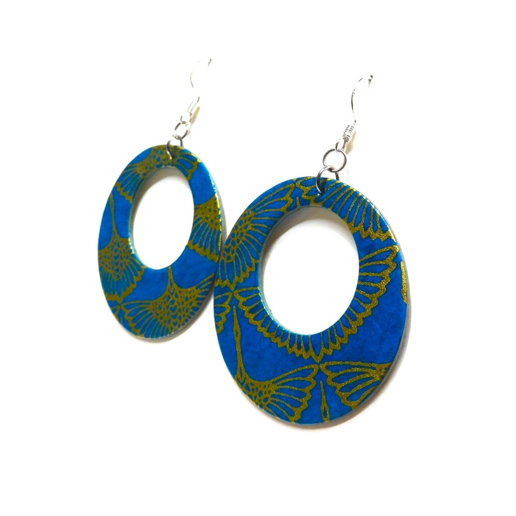 Boucles d'oreille en carton - Grandes Créoles - Or Oiseaux Bleu Turquoise - Argent 925
