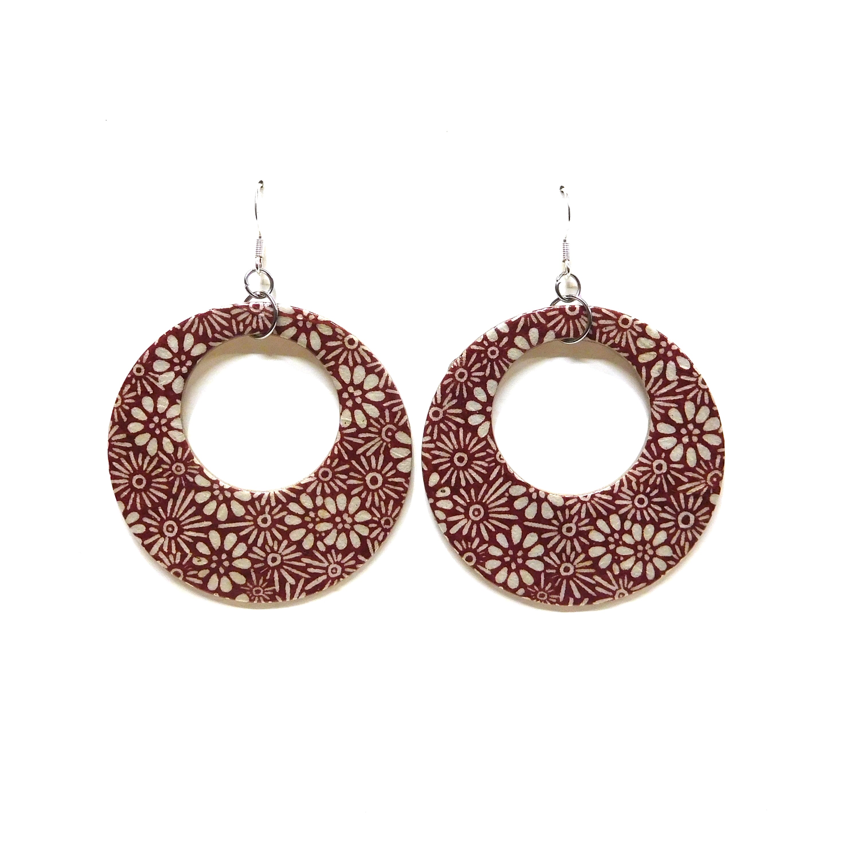 Boucles d'oreille en carton - Grandes Créoles - Créoles Fleurs Bordeaux - Argent 925