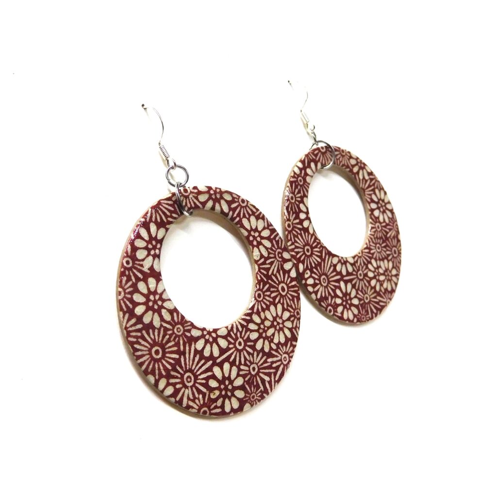 Boucles d'oreille en carton - Grandes Créoles - Créoles Fleurs Bordeaux - Argent 925