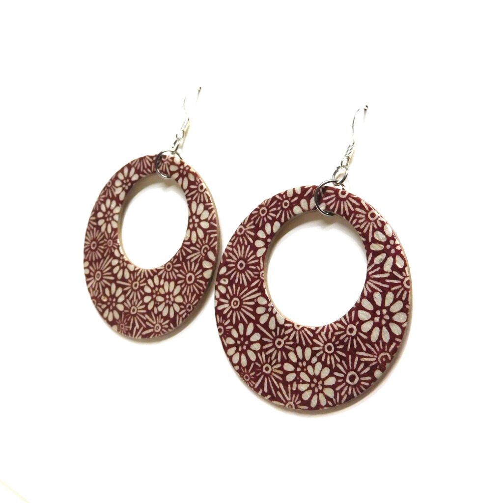 Boucles d'oreille en carton - Grandes Créoles - Créoles Fleurs Bordeaux - Argent 925
