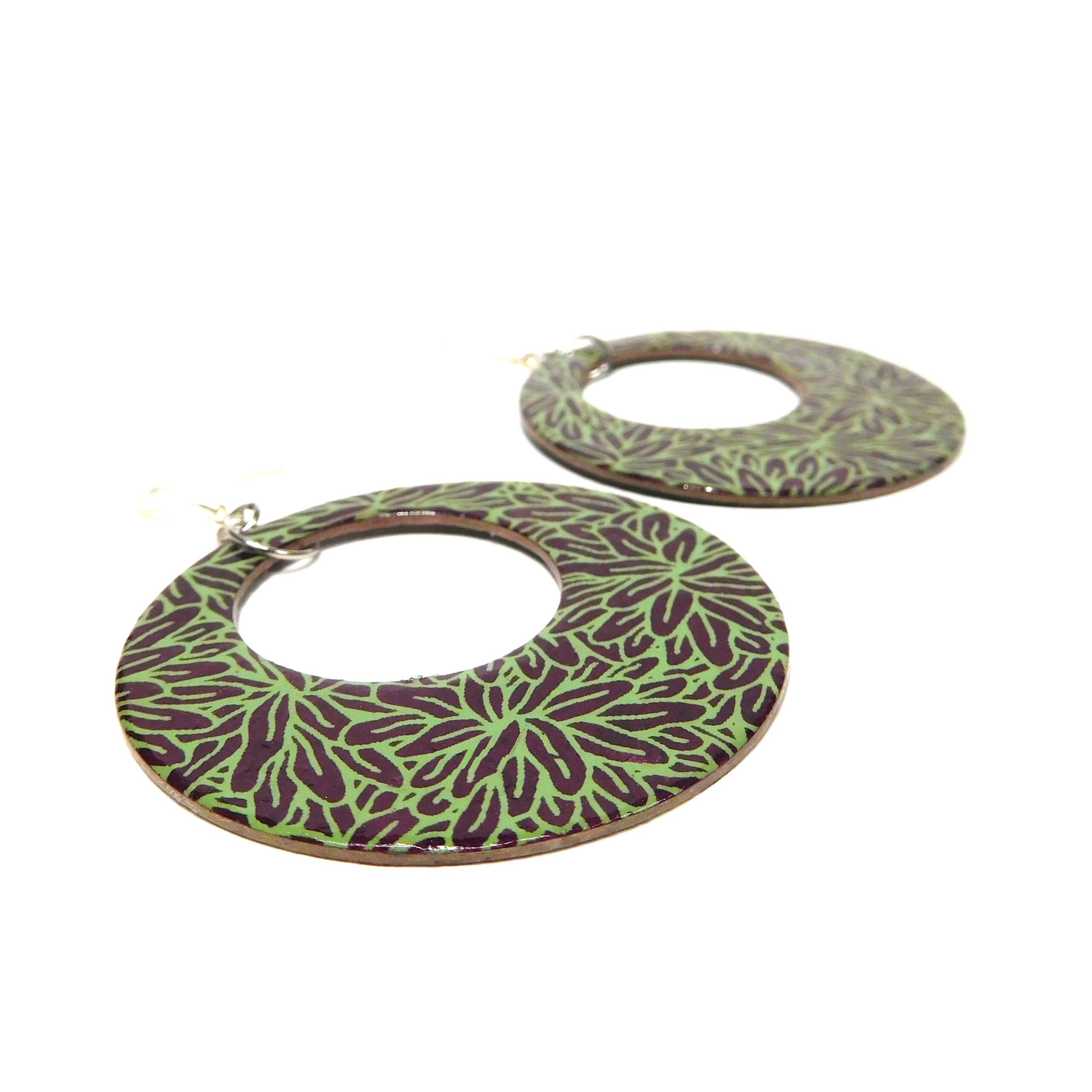 Boucles d'oreille en carton - Grandes Créoles - Bordeaux Vert Feuilles - Argent 925
