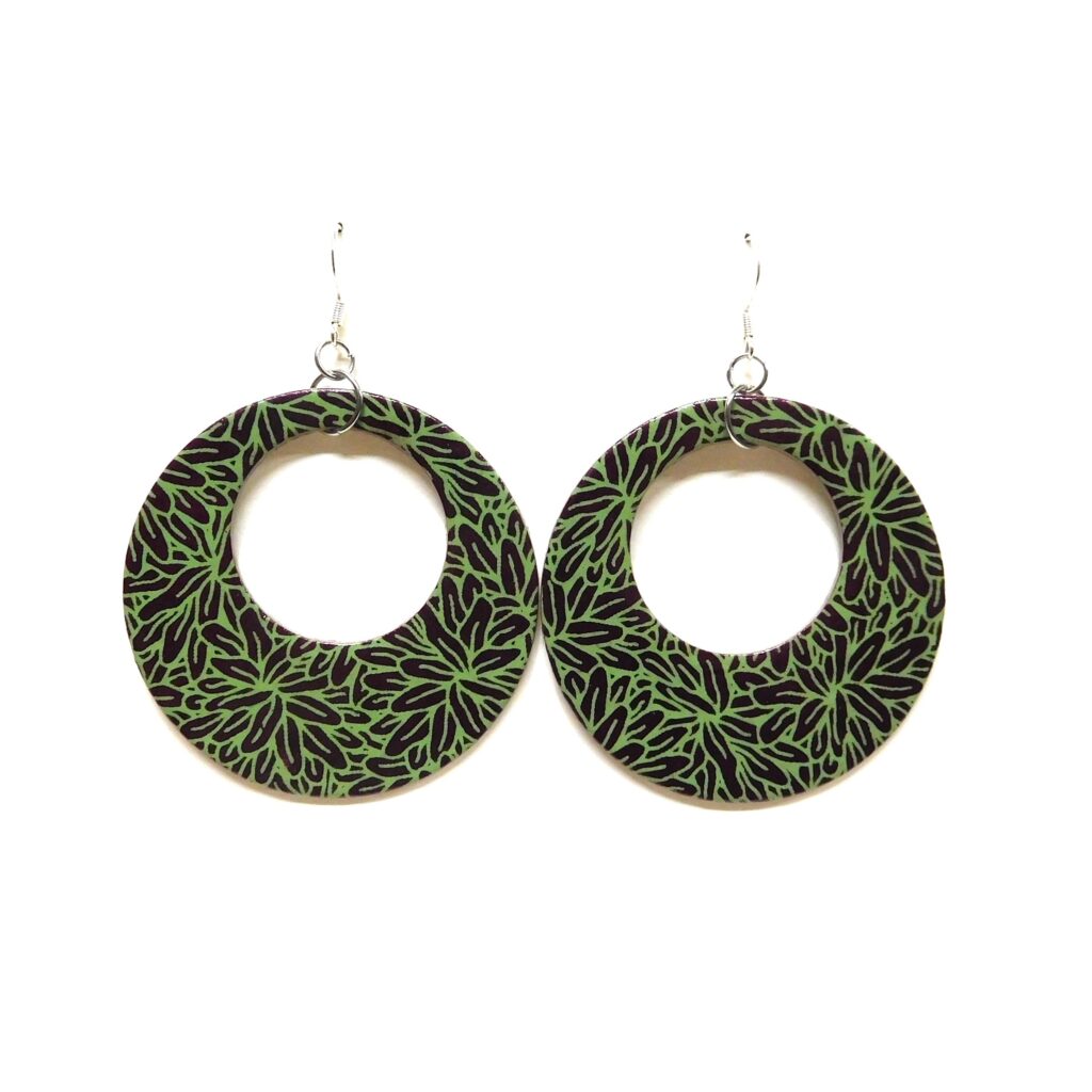 Boucles d'oreille en carton - Grandes Créoles - Bordeaux Vert Feuilles - Argent 925