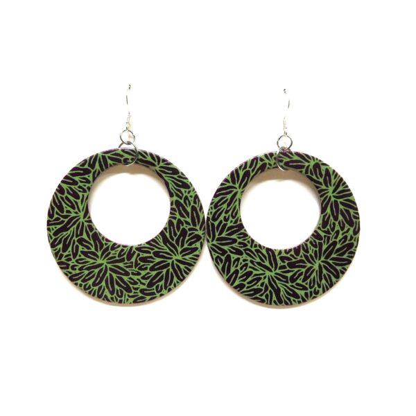Boucles d'oreille en carton - Grandes Créoles - Bordeaux Vert Feuilles - Argent 925