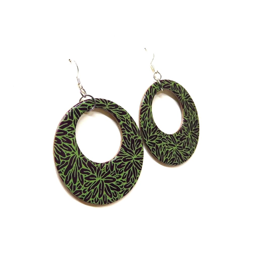 Boucles d'oreille en carton - Grandes Créoles - Bordeaux Vert Feuilles - Argent 925