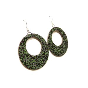 Boucles d'oreille en carton - Grandes Créoles - Bordeaux Vert Feuilles - Argent 925 – Image 3
