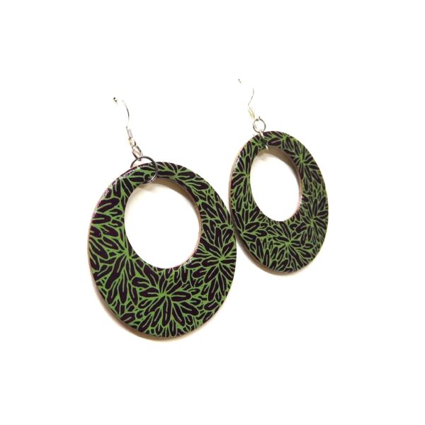 Boucles d'oreille en carton - Grandes Créoles - Bordeaux Vert Feuilles - Argent 925