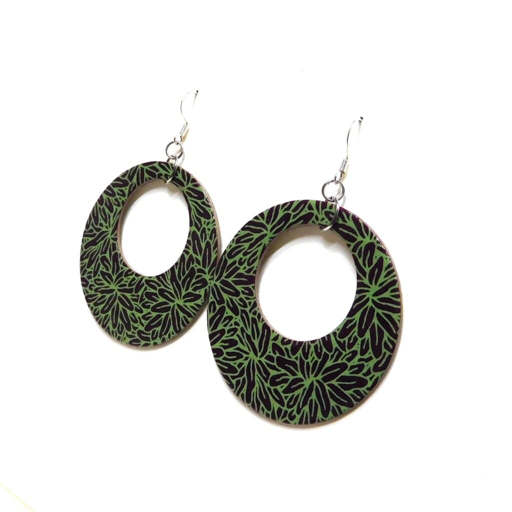 Boucles d'oreille en carton - Grandes Créoles - Bordeaux Vert Feuilles - Argent 925