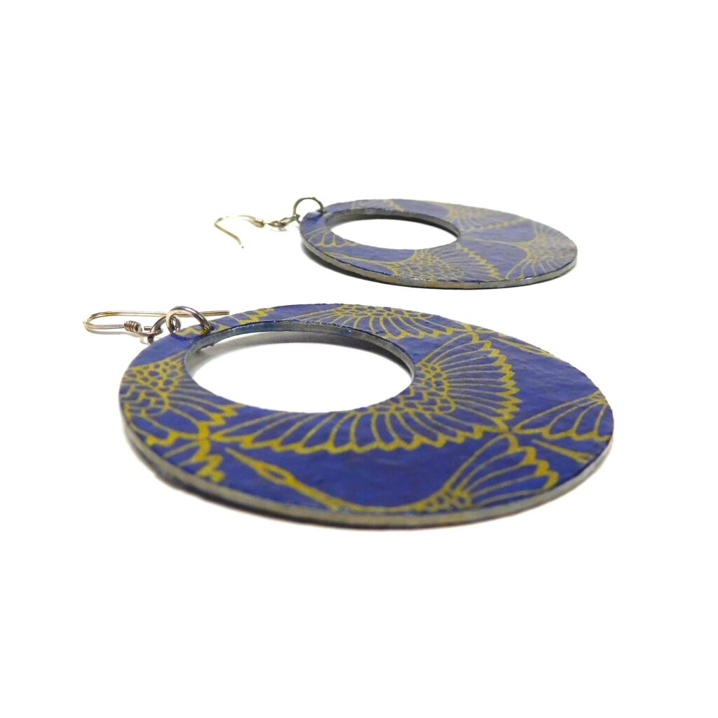 Boucles d'oreille en carton - Grandes Créoles - Or Oiseaux Bleu - Argent 925