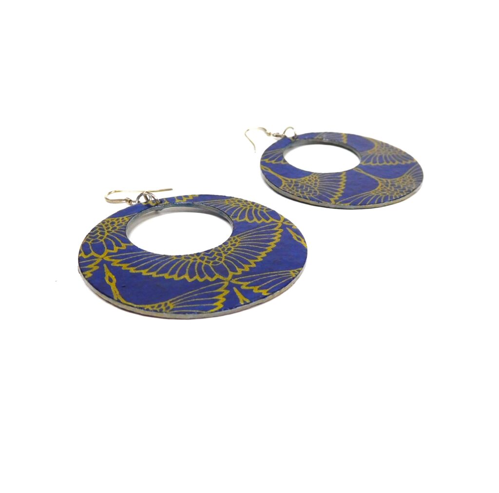 Boucles d'oreille en carton - Grandes Créoles - Or Oiseaux Bleu - Argent 925
