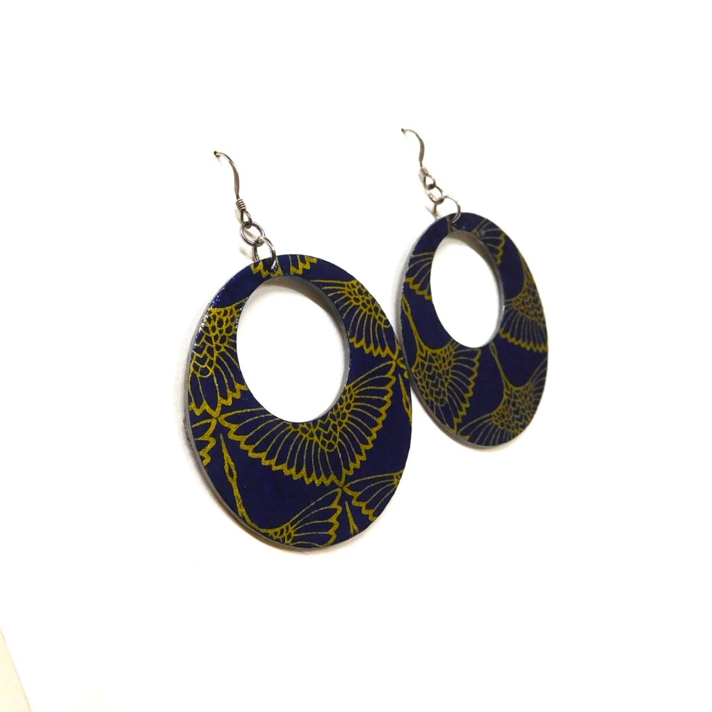 Boucles d'oreille en carton - Grandes Créoles - Or Oiseaux Bleu - Argent 925