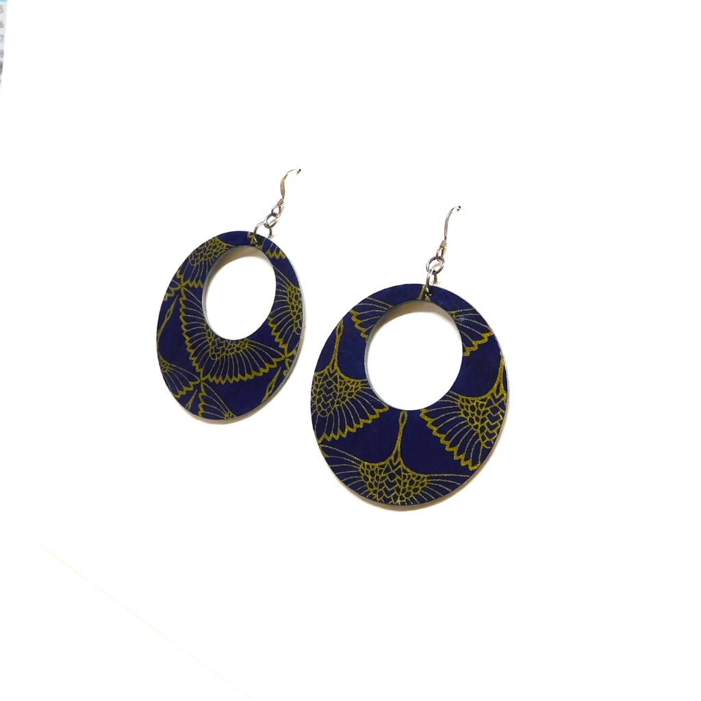 Boucles d'oreille en carton - Grandes Créoles - Or Oiseaux Bleu - Argent 925