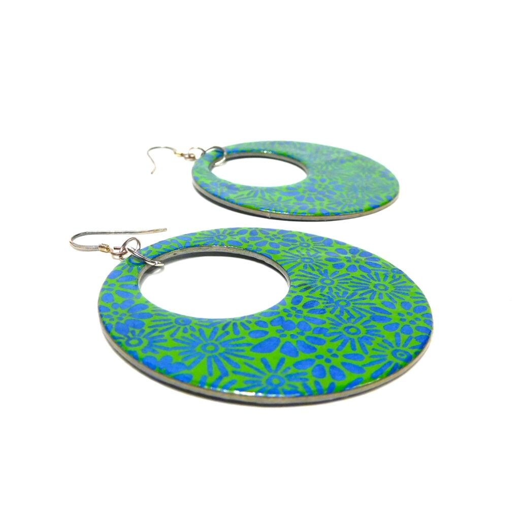 Boucles d'oreille en carton - Grandes Créoles - Fleurs Vert/Bleu - Argent 925
