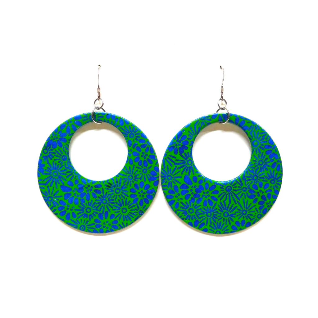 Boucles d'oreille en carton - Grandes Créoles - Fleurs Vert/Bleu - Argent 925