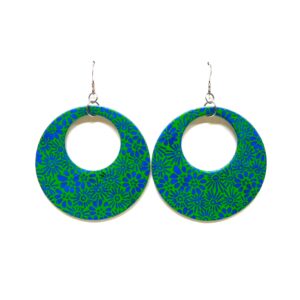 Boucles d'oreille en carton - Grandes Créoles - Fleurs Vert/Bleu - Argent 925 – Image 1