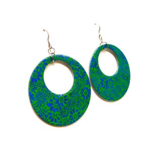Boucles d'oreille en carton - Grandes Créoles - Fleurs Vert/Bleu - Argent 925 – Image 3