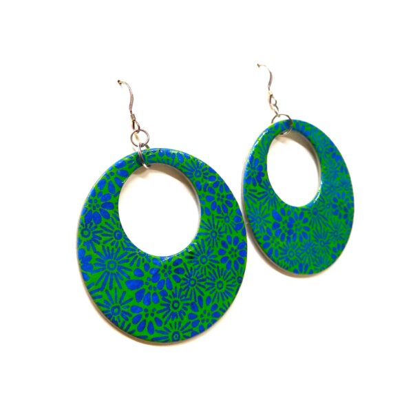 Boucles d'oreille en carton - Grandes Créoles - Fleurs Vert/Bleu - Argent 925