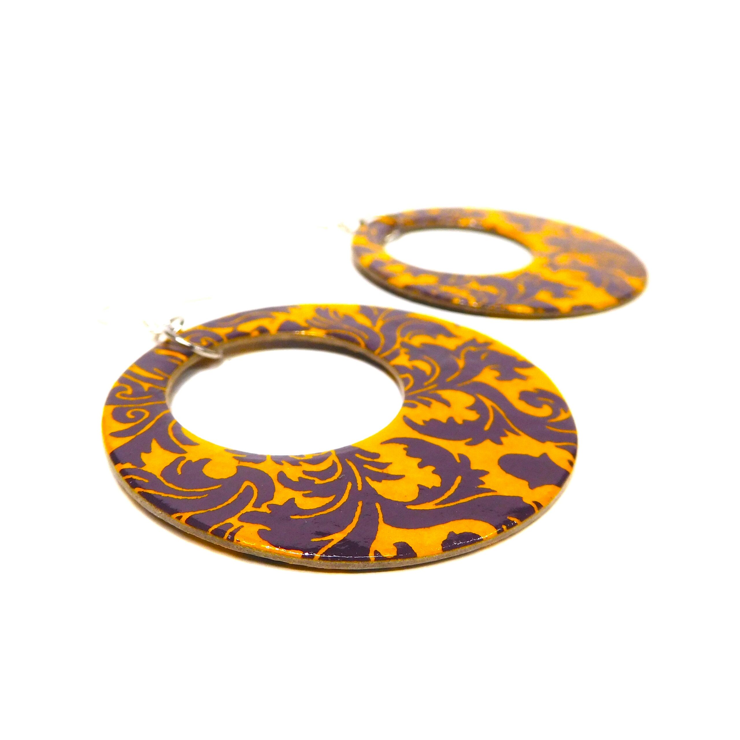 Boucles d'oreille en carton - Grandes Créoles - Bordeaux et Jaune Baroque - Argent 925