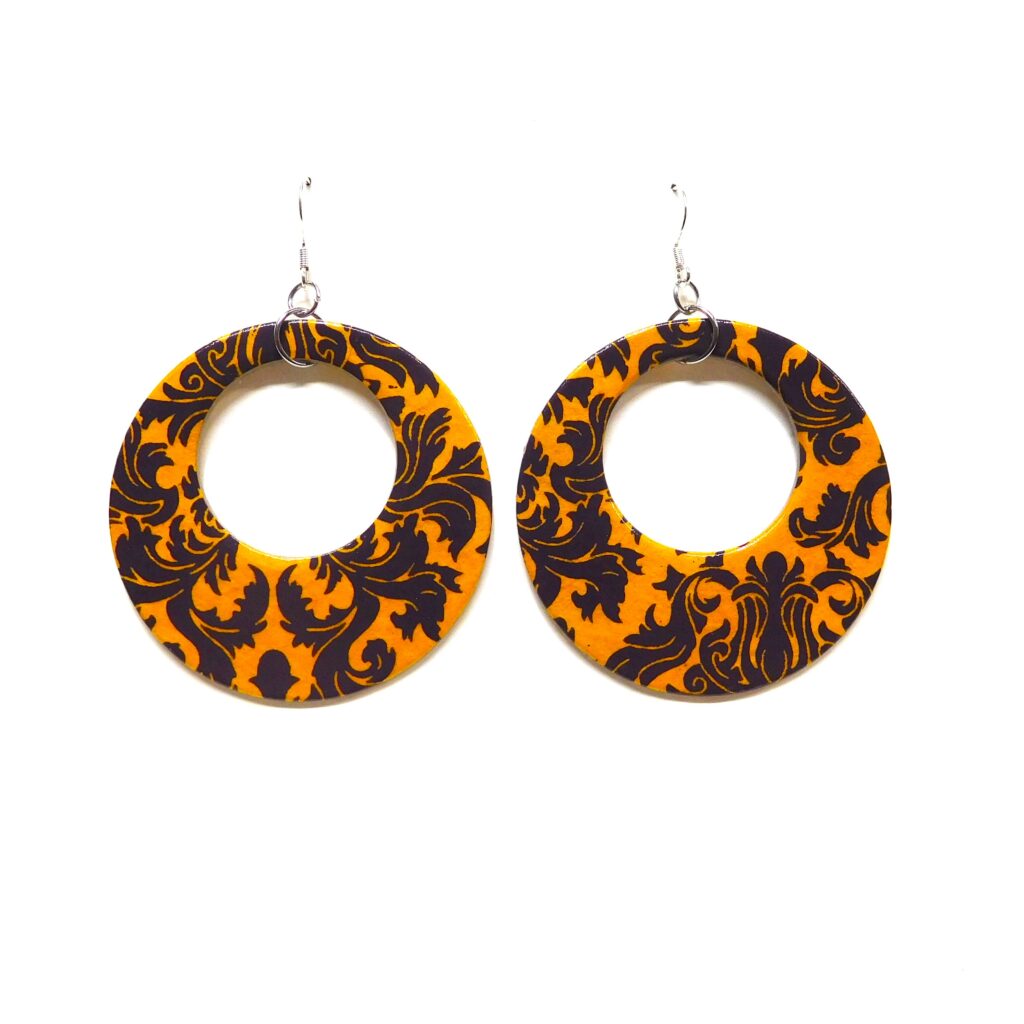 Boucles d'oreille en carton - Grandes Créoles - Bordeaux et Jaune Baroque - Argent 925