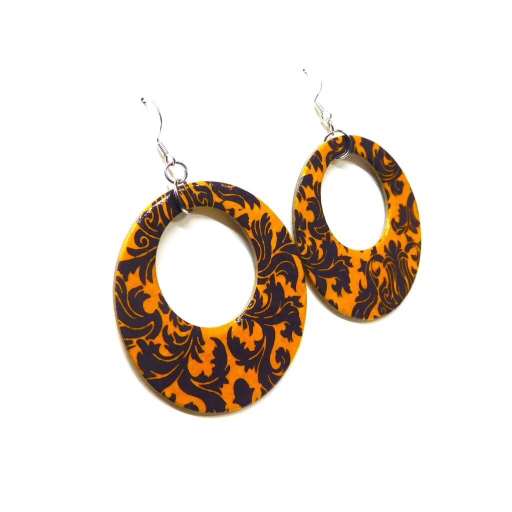 Boucles d'oreille en carton - Grandes Créoles - Bordeaux et Jaune Baroque - Argent 925