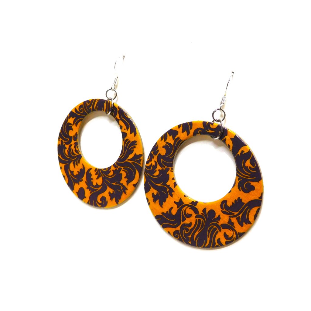 Boucles d'oreille en carton - Grandes Créoles - Bordeaux et Jaune Baroque - Argent 925
