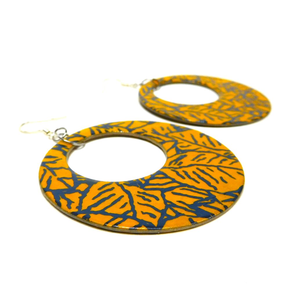 Boucles d'oreille en carton - Grandes Créoles - Bleu et Jaune Feuilles - Argent 925