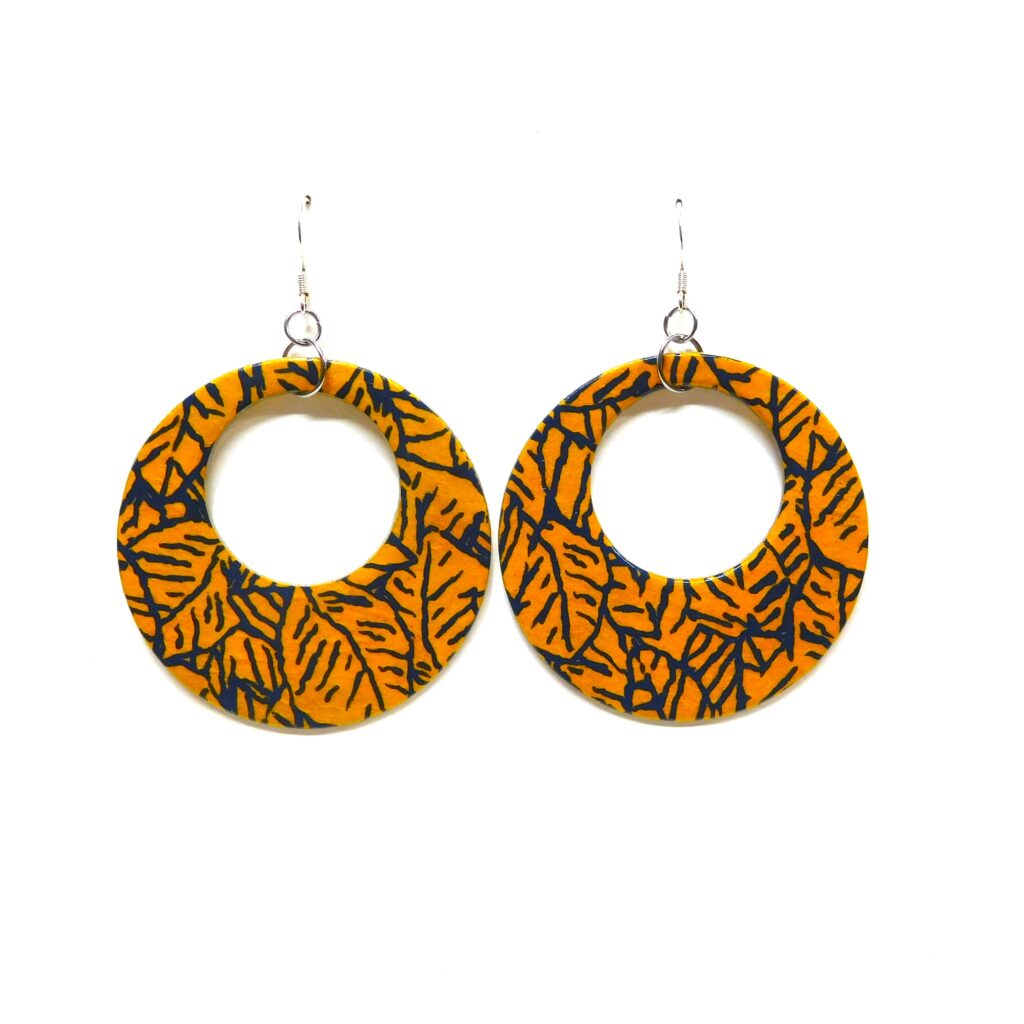 Boucles d'oreille en carton - Grandes Créoles - Bleu et Jaune Feuilles - Argent 925