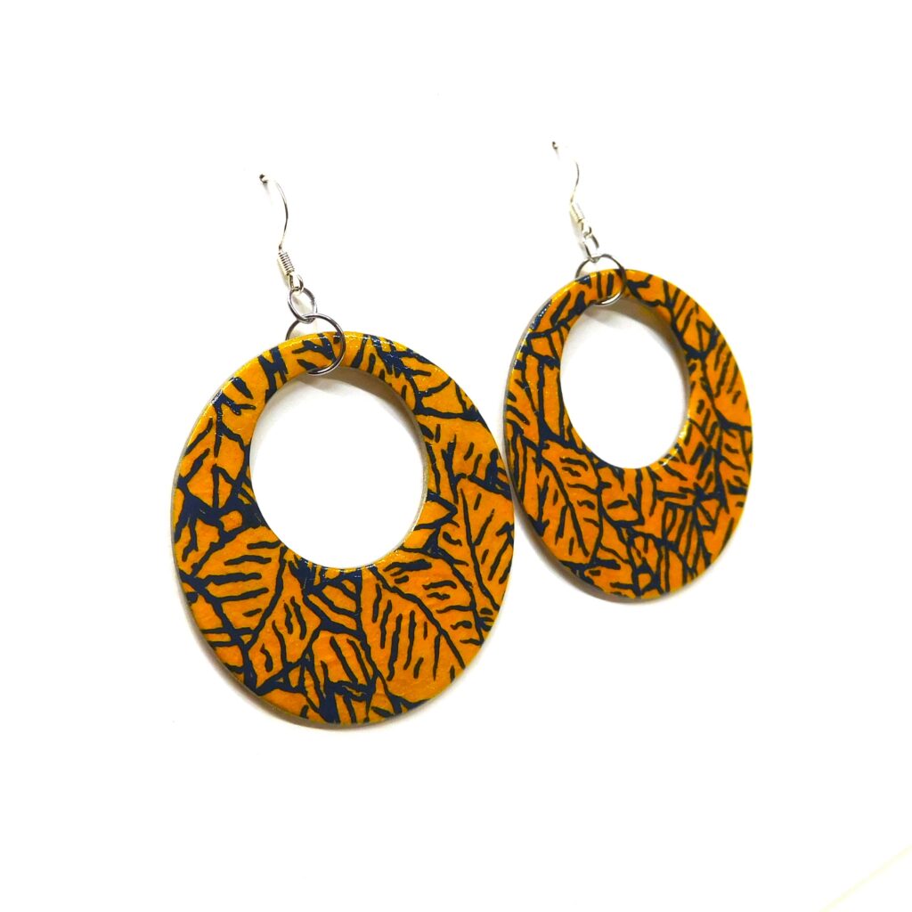 Boucles d'oreille en carton - Grandes Créoles - Bleu et Jaune Feuilles - Argent 925