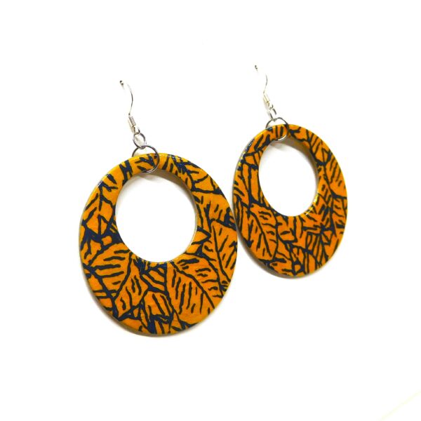 Boucles d'oreille en carton - Grandes Créoles - Bleu et Jaune Feuilles - Argent 925