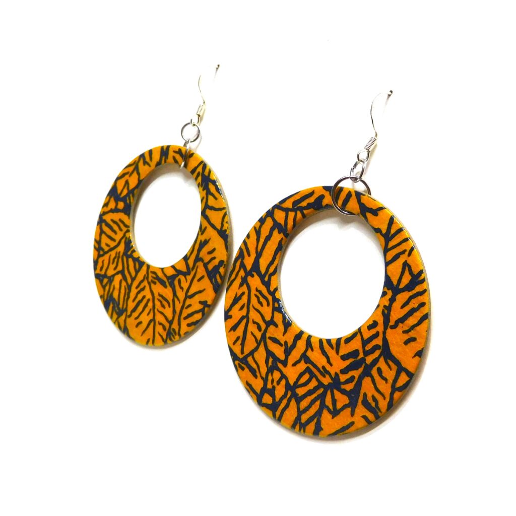 Boucles d'oreille en carton - Grandes Créoles - Bleu et Jaune Feuilles - Argent 925