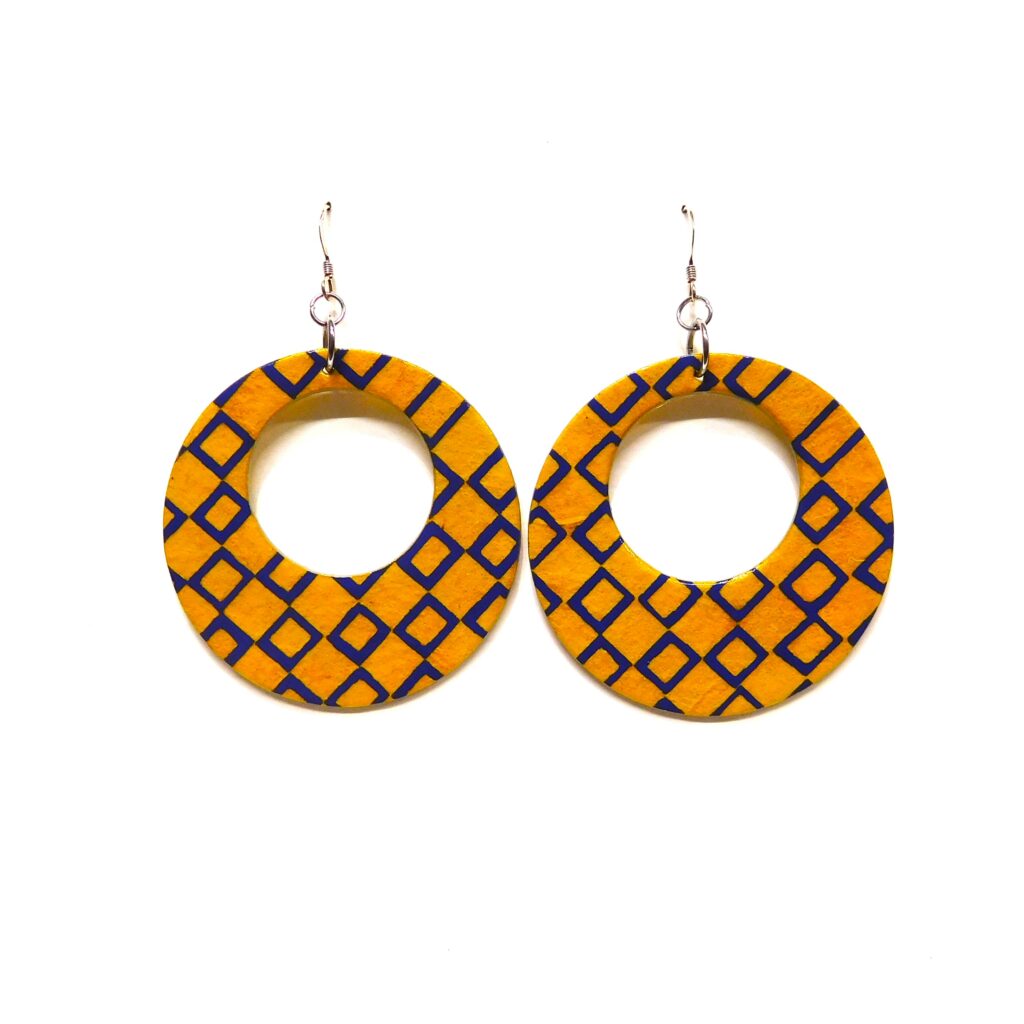 Boucles d'oreille en carton - Grandes Créoles - Jaune et petits carrés Bleus - Argent 925