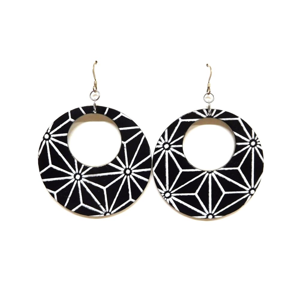 Boucles d'oreille en carton - Grandes Créoles - Noir étoile - Argent 925