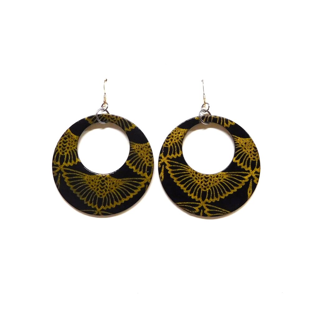 Boucles d'oreille en carton - Grandes Créoles - Or Noir Oiseaux - Argent 925