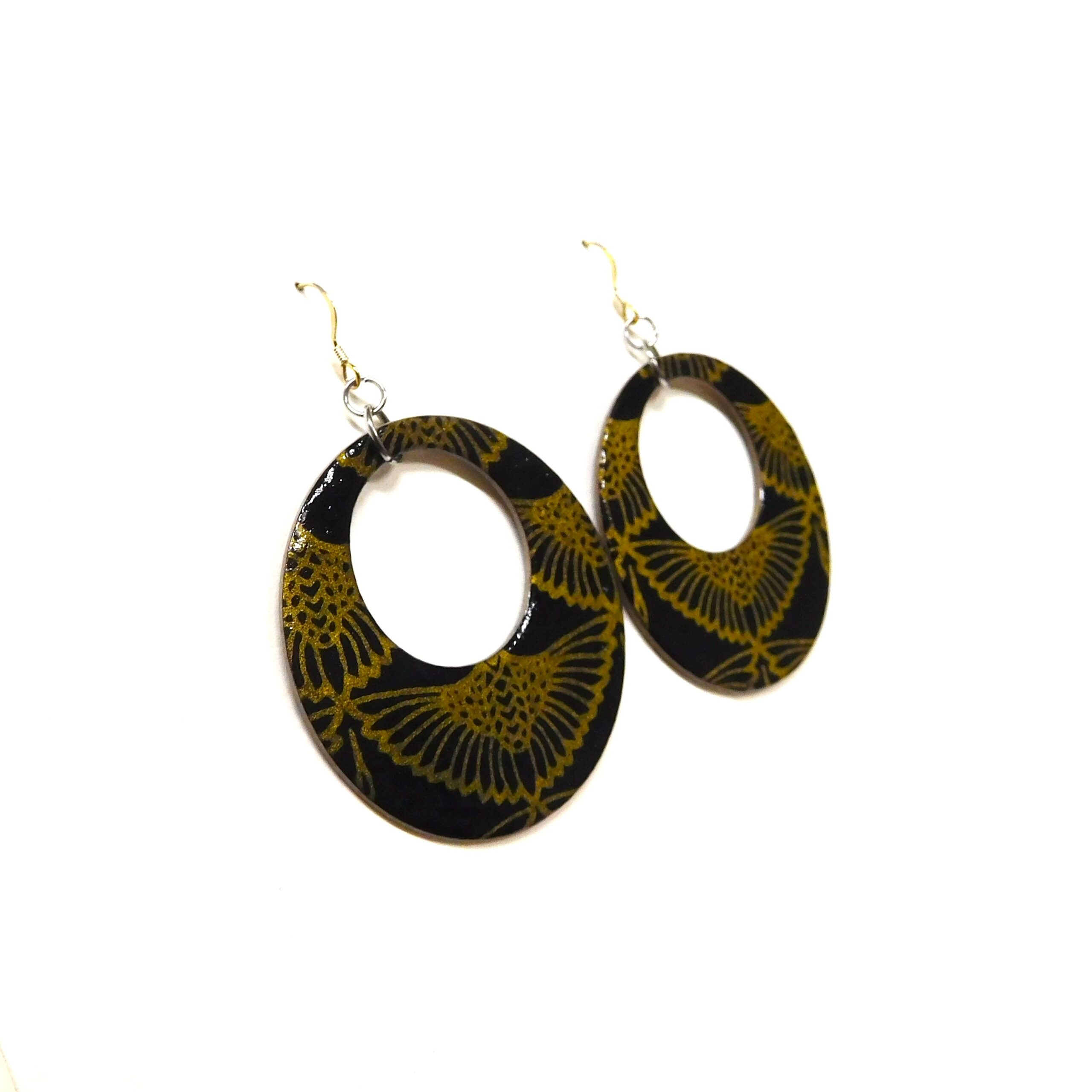 Boucles d'oreille en carton - Grandes Créoles - Or Noir Oiseaux - Argent 925 – Image 3