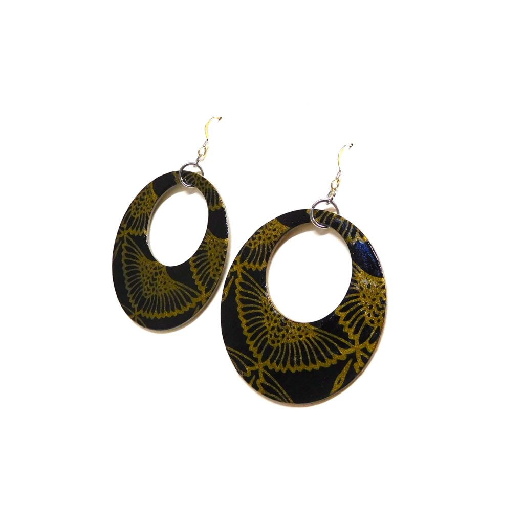 Boucles d'oreille en carton - Grandes Créoles - Or Noir Oiseaux - Argent 925