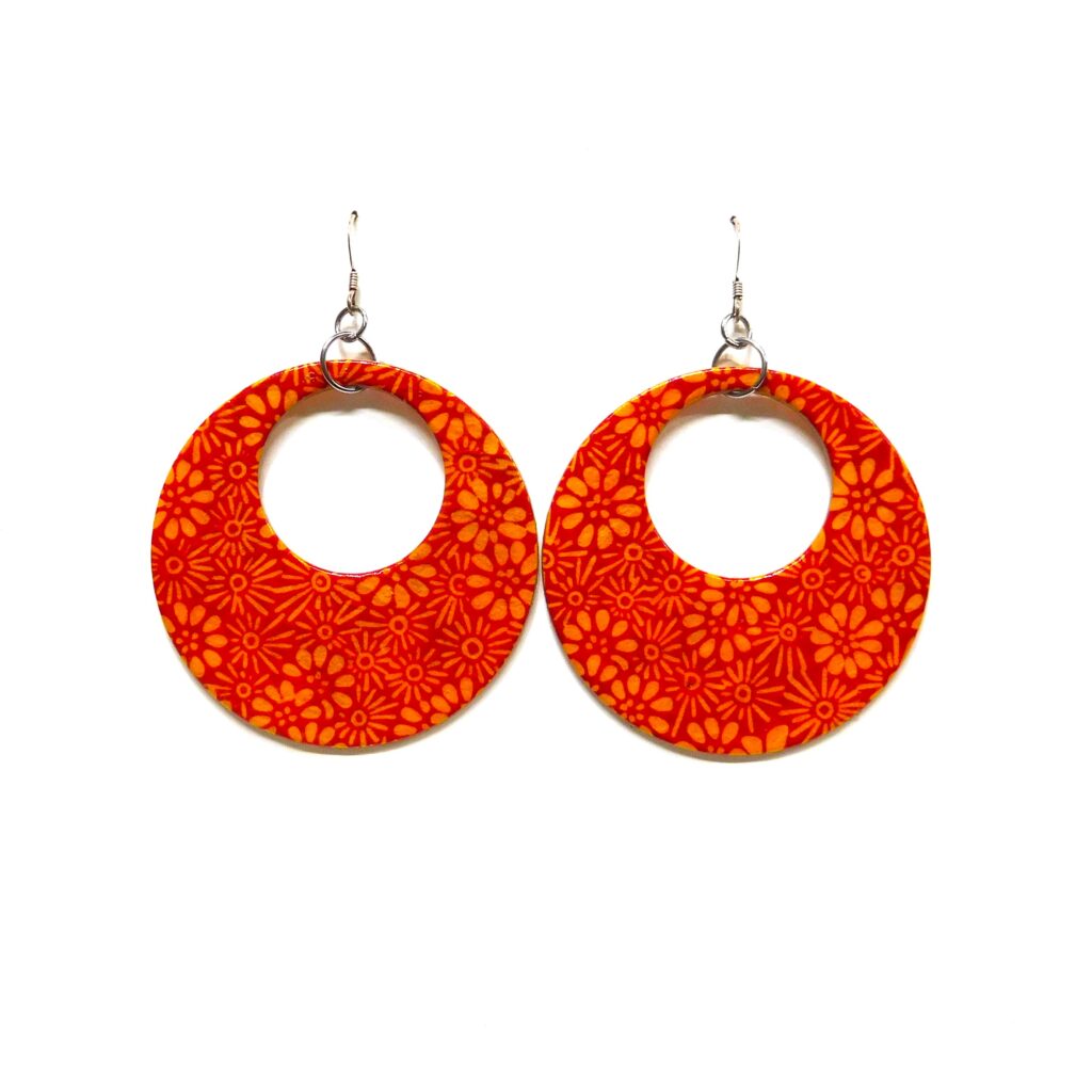 Boucles d'oreille en carton - Grandes Créoles - Fleurs Orange - Argent 925
