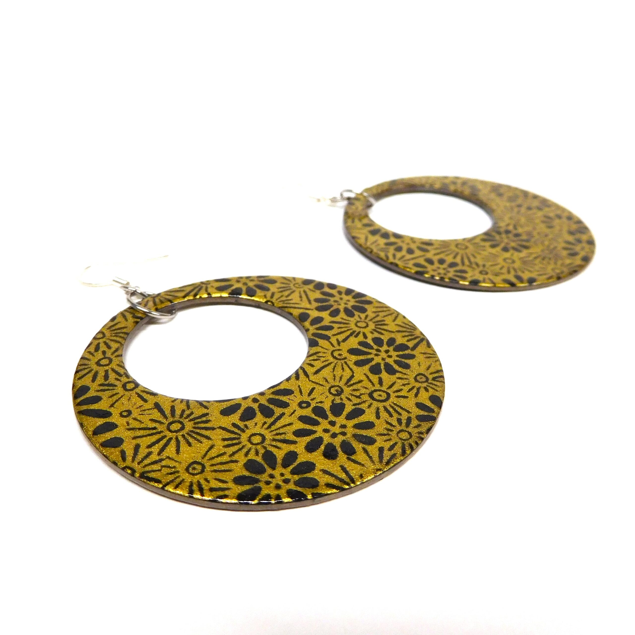 Boucles d'oreille en carton - Grandes Créoles - Fleurs Or Noir - Argent 925