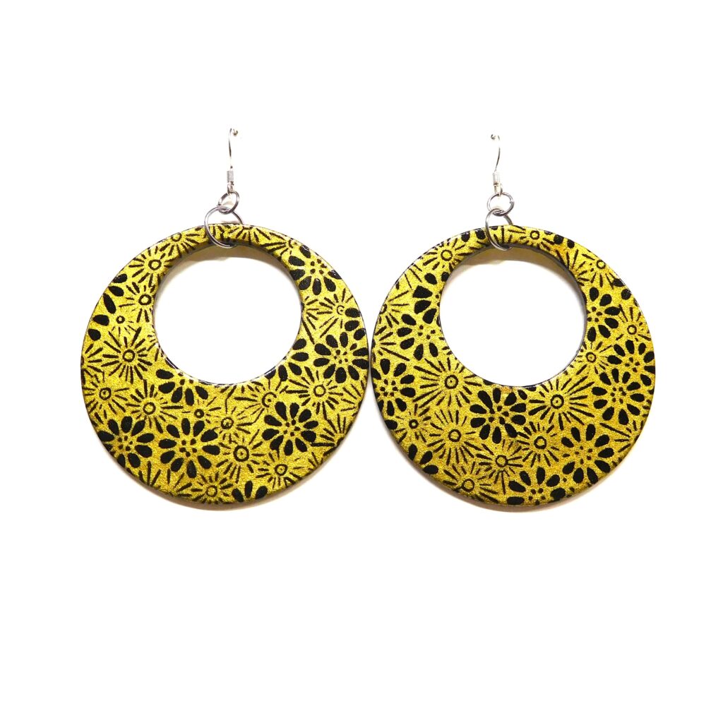Boucles d'oreille en carton - Grandes Créoles - Fleurs Or Noir - Argent 925
