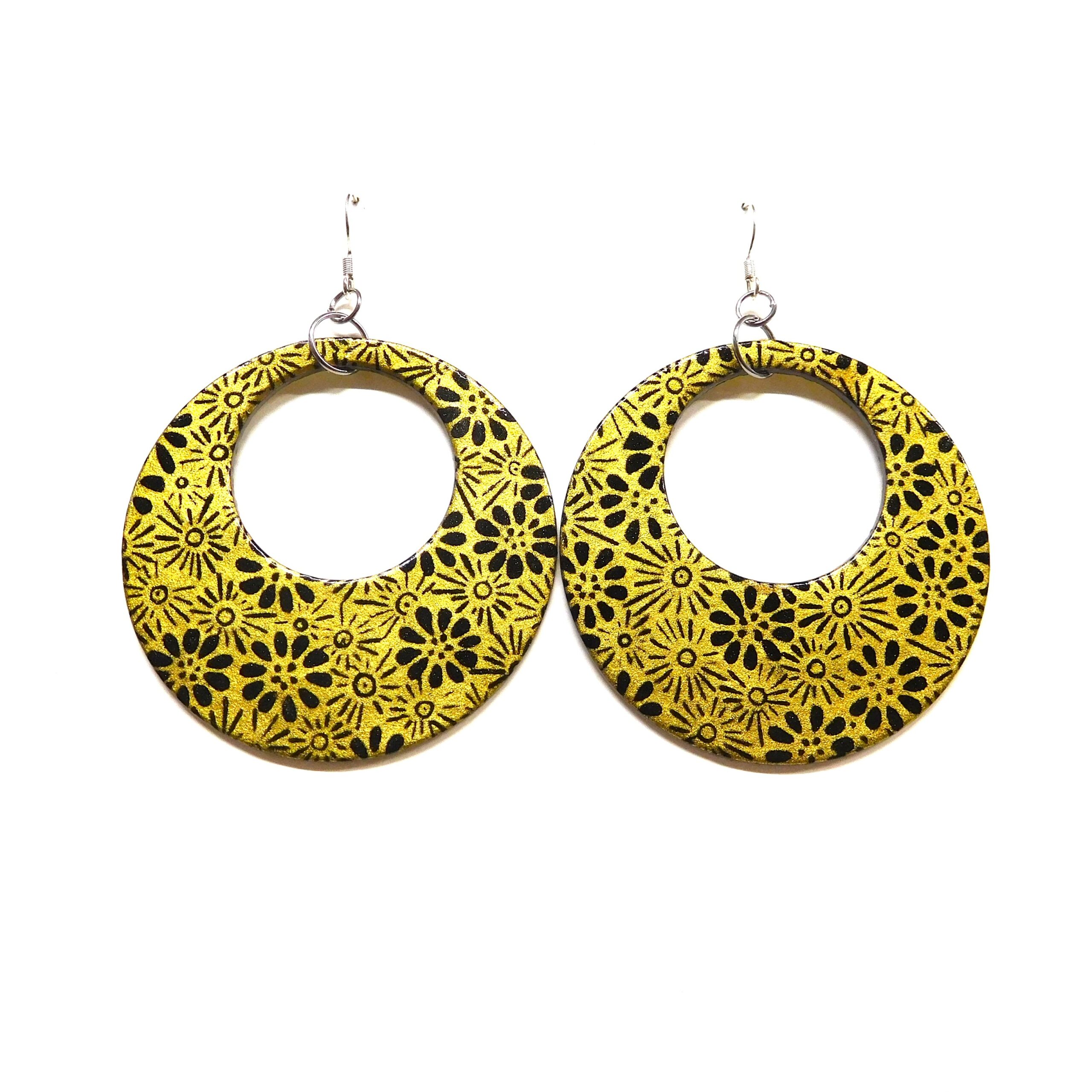 Boucles d'oreille en carton - Grandes Créoles - Fleurs Or Noir - Argent 925 – Image 1