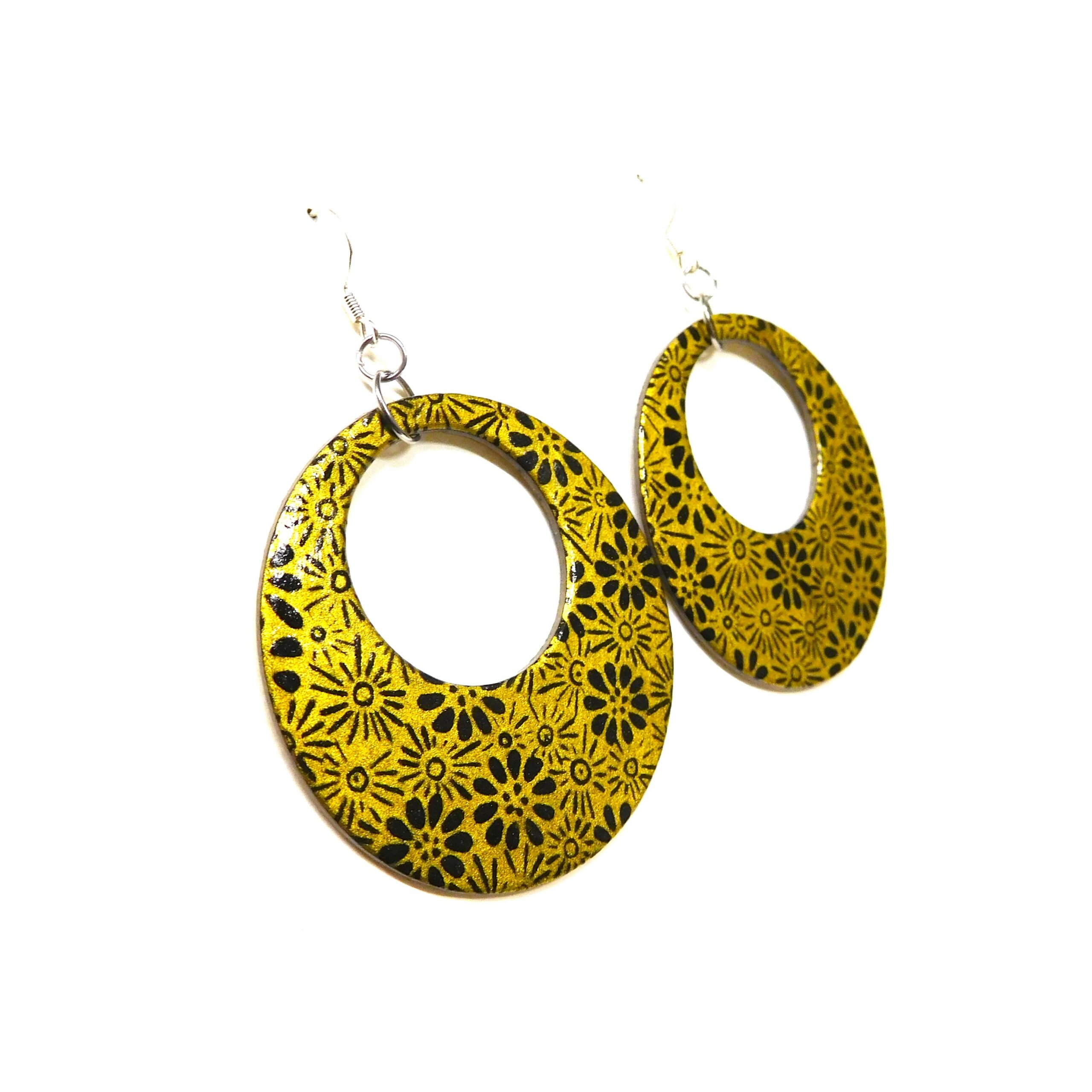 Boucles d'oreille en carton - Grandes Créoles - Fleurs Or Noir - Argent 925 – Image 3